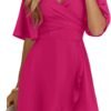 Connecteri  Women's Wrap V Neck Short Flared Sleeve Wedding Guest Dress Smocked Elastic Waist Tiered Belted Ruffle Hem Mini Dress