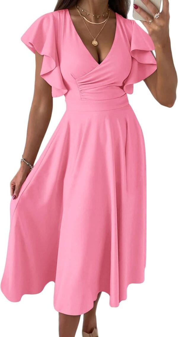 Connecteri?Womens 2024 Summer Midi Dress Ruffle Cap Sleeve V Neck Swing A Line Cocktail Party Dresses