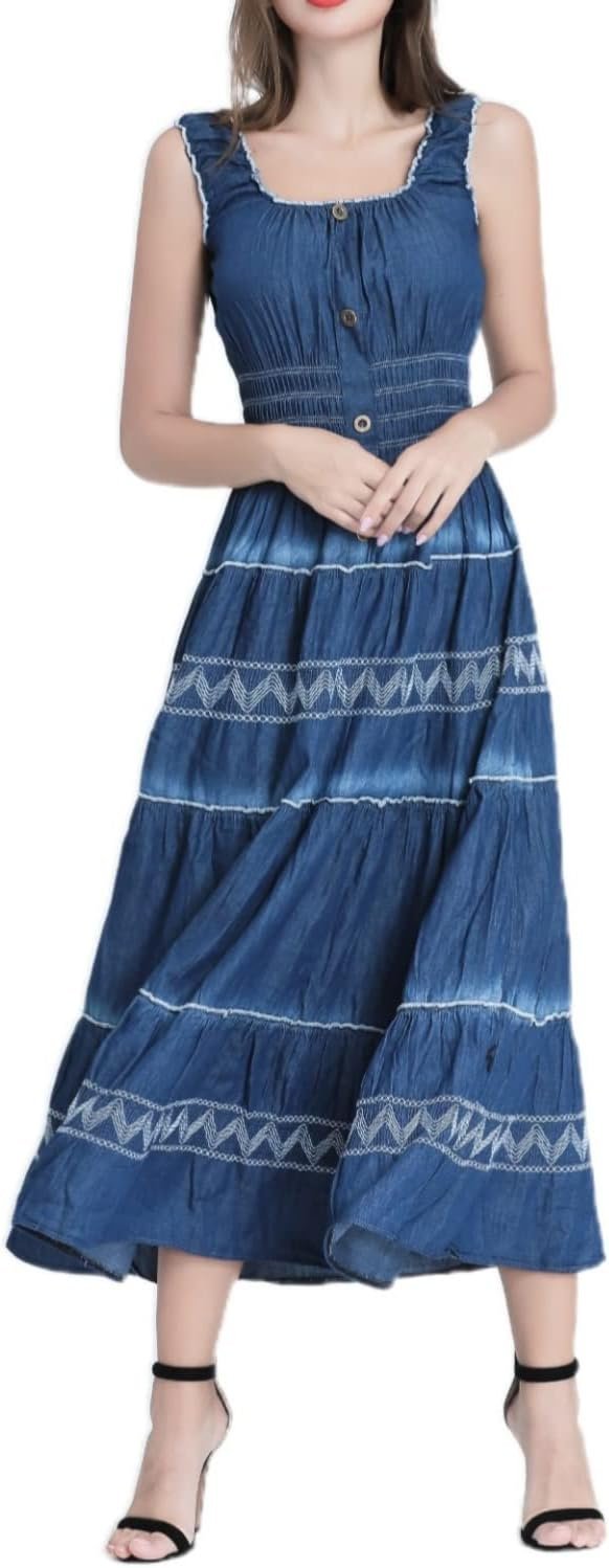 Connecteri  Women's Maxi Dress Sleeveless Denim Long Summer A-line Casual Blue Cotton Boho Flowy Sundresses for Women