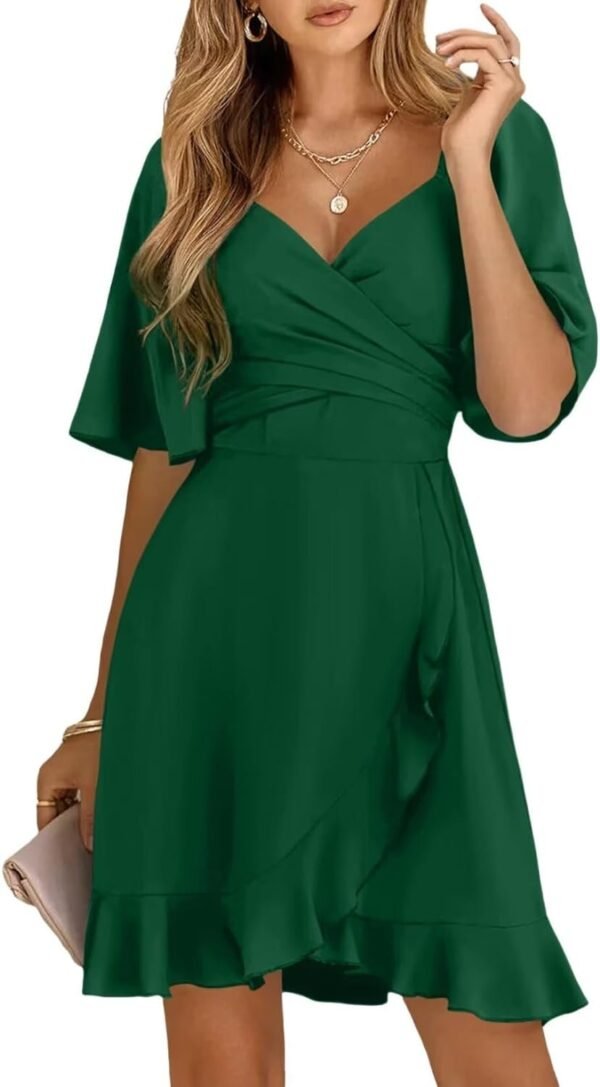 Connecteri  Women's Wrap V Neck Short Flared Sleeve Wedding Guest Dress Smocked Elastic Waist Tiered Belted Ruffle Hem Mini Dress