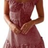 Connecteri  Women's Summer Ruffle Sleeve Sweetheart Neckline Printing Dress Mini Dress