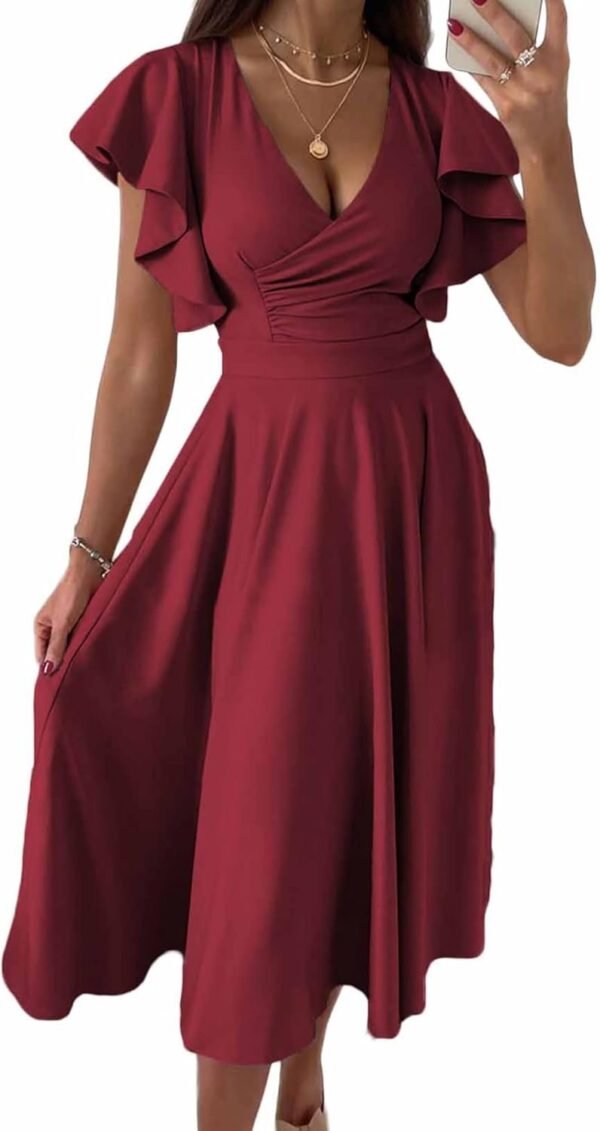 Connecteri?Womens 2024 Summer Midi Dress Ruffle Cap Sleeve V Neck Swing A Line Cocktail Party Dresses