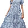 Connecteri  Dresses for Women 2023 Wedding Guest Summer V Neck Short Sleeve Smocked Ruffle Hem A-Line Polka Dot Boho Maxi Dress