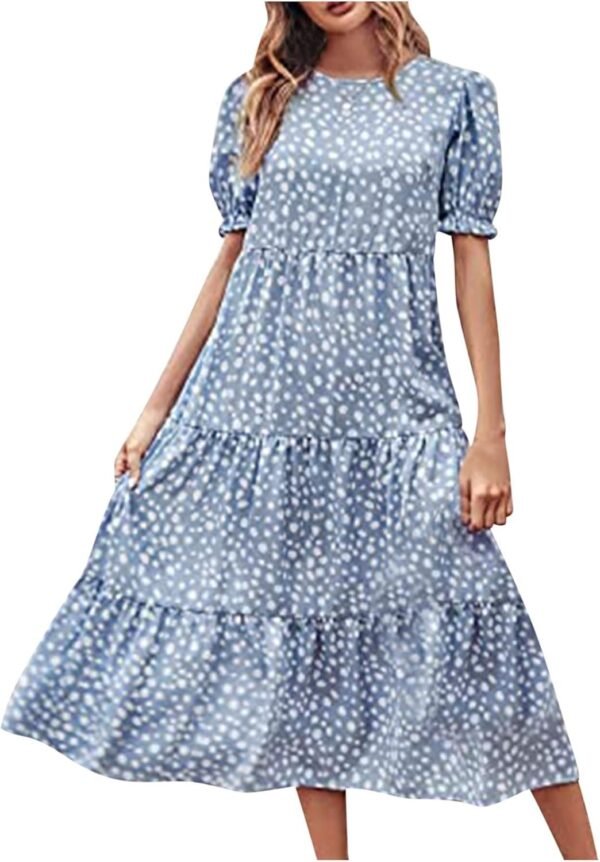 Connecteri  Dresses for Women 2023 Wedding Guest Summer V Neck Short Sleeve Smocked Ruffle Hem A-Line Polka Dot Boho Maxi Dress