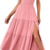 Connecteri  Women's Summer One Shoulder Sleeveless Knot Smocked Midi Dress Split Tiered Flowy Dresses