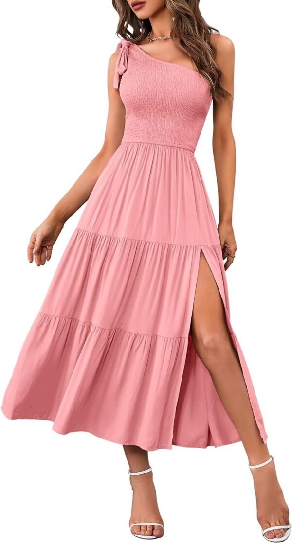 Connecteri  Women's Summer One Shoulder Sleeveless Knot Smocked Midi Dress Split Tiered Flowy Dresses