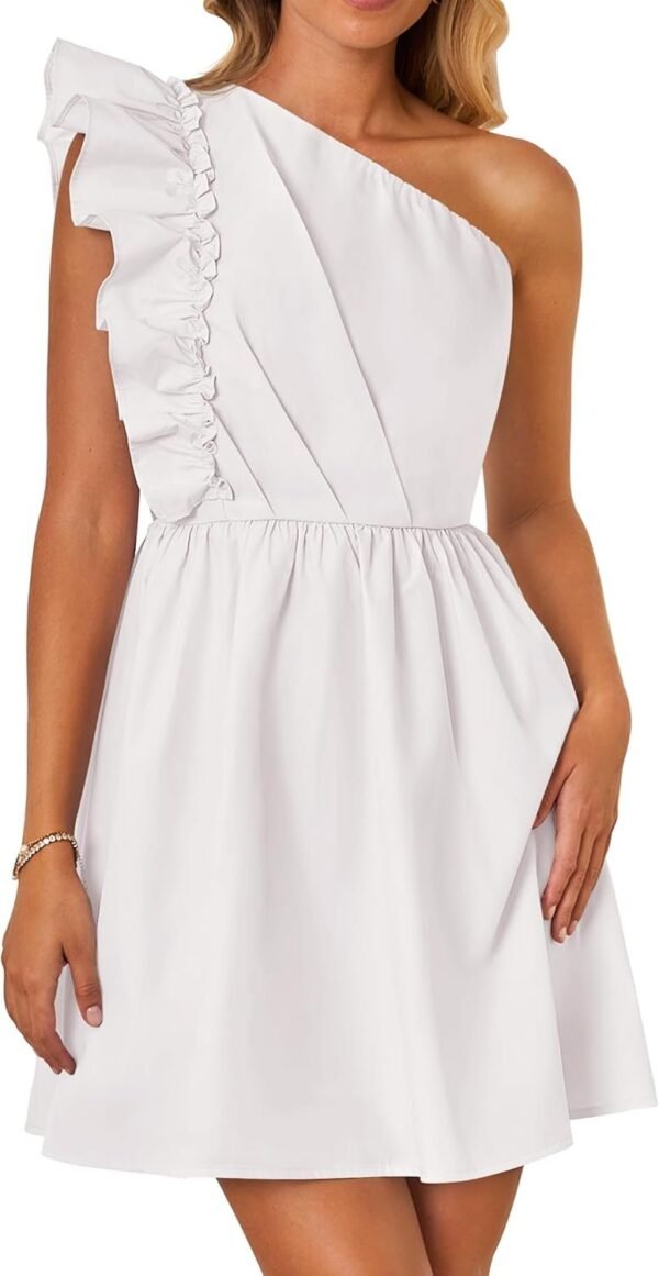 Connecteri Women's Summer One Shoulder Ruffle Dress 2024 Boho Sleeveless Elastic High Waist Swing Mini Dresses