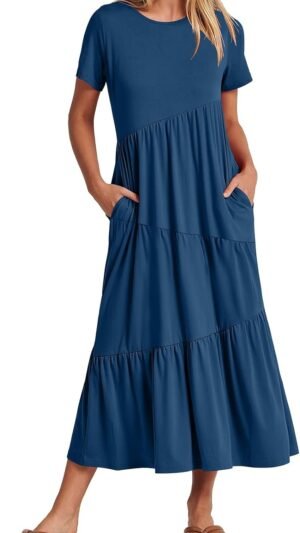 Connecteri  Women Summer Maxi Dress Short Sleeve Swing Casual Asymmetric Tiered Vacation Long Beach Sundress Outfits