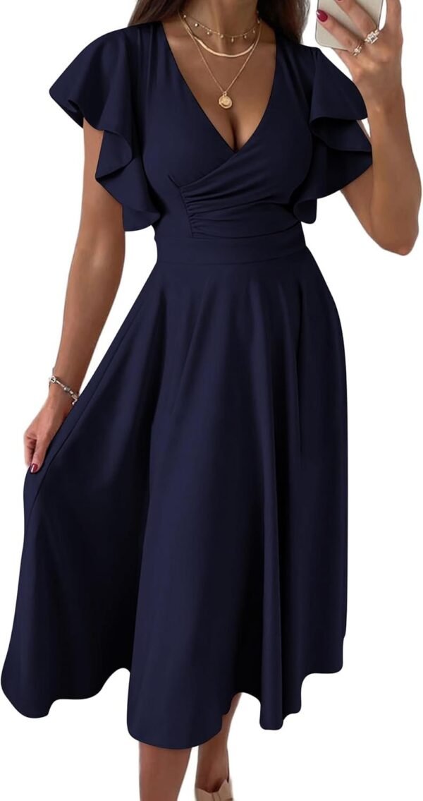 Connecteri?Womens 2024 Summer Midi Dress Ruffle Cap Sleeve V Neck Swing A Line Cocktail Party Dresses