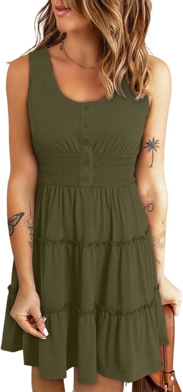 Connecteri  Womens Summer Dresses 2024 Sleeveless Button Down Smocked Elastic Waist Ruffle Tiered Casual Swing Mini Dress