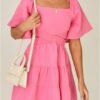 Shy Velvet Women's Summer Dress Square Neck Short Sleeves Crossover Waist Casual Party Mini Dress