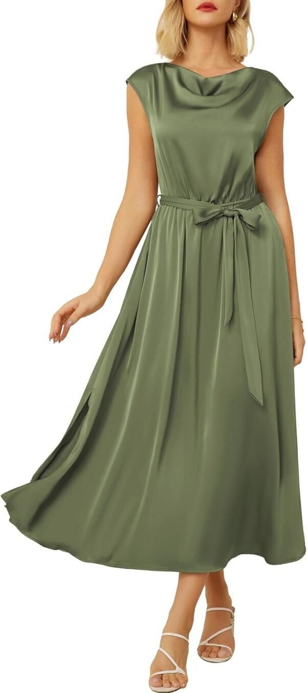 Connecteri  KARIN Women's 2024 Satin Midi Dress Summer Cap Sleeve Cowl Neck Belted Slit Elegant A-Line Flowy Dress with Pockets