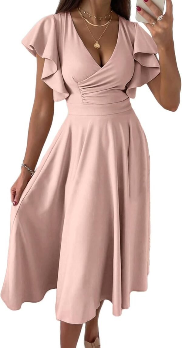 Connecteri?Womens 2024 Summer Midi Dress Ruffle Cap Sleeve V Neck Swing A Line Cocktail Party Dresses
