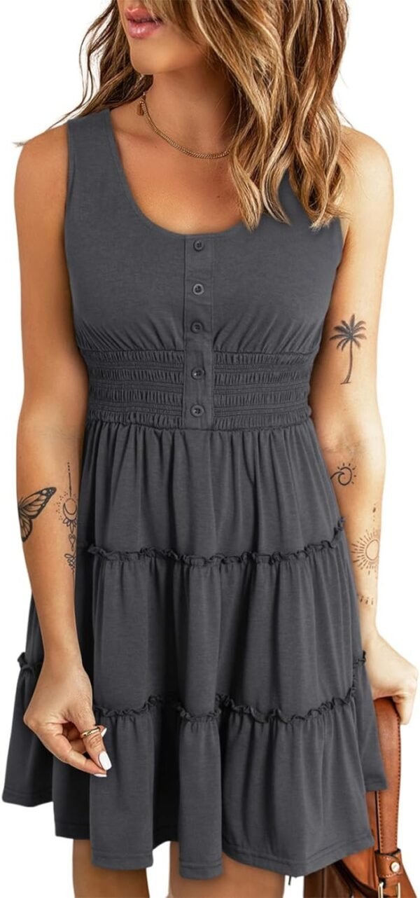 Connecteri  Womens Summer Dresses 2024 Sleeveless Button Down Smocked Elastic Waist Ruffle Tiered Casual Swing Mini Dress