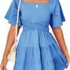 Shy Velvet Women's Summer Dress Square Neck Short Sleeves Crossover Waist Casual Party Mini Dress