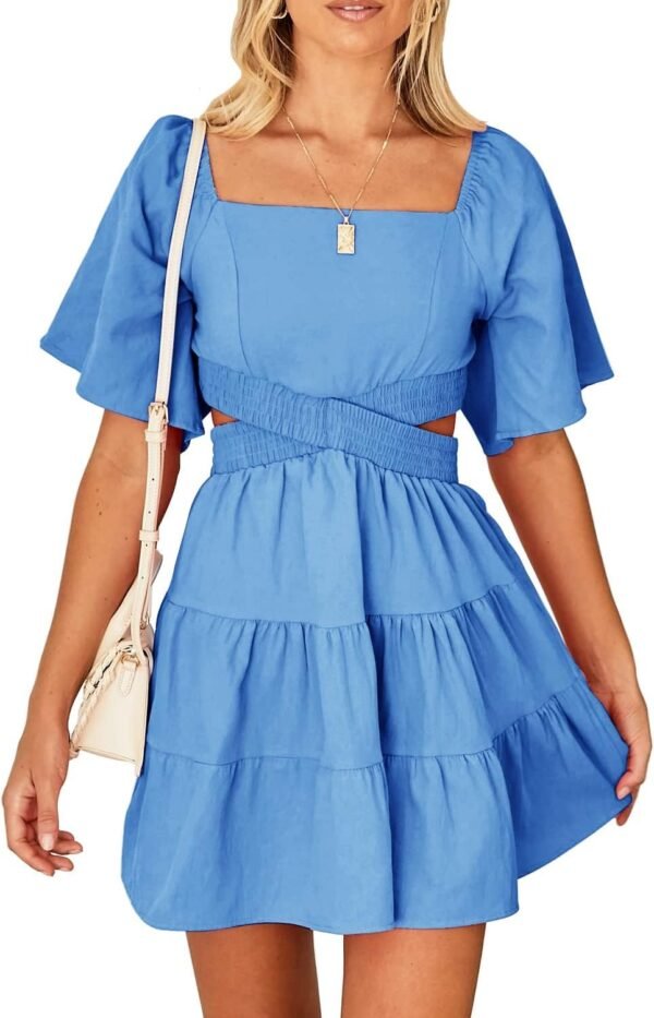 Shy Velvet Women's Summer Dress Square Neck Short Sleeves Crossover Waist Casual Party Mini Dress