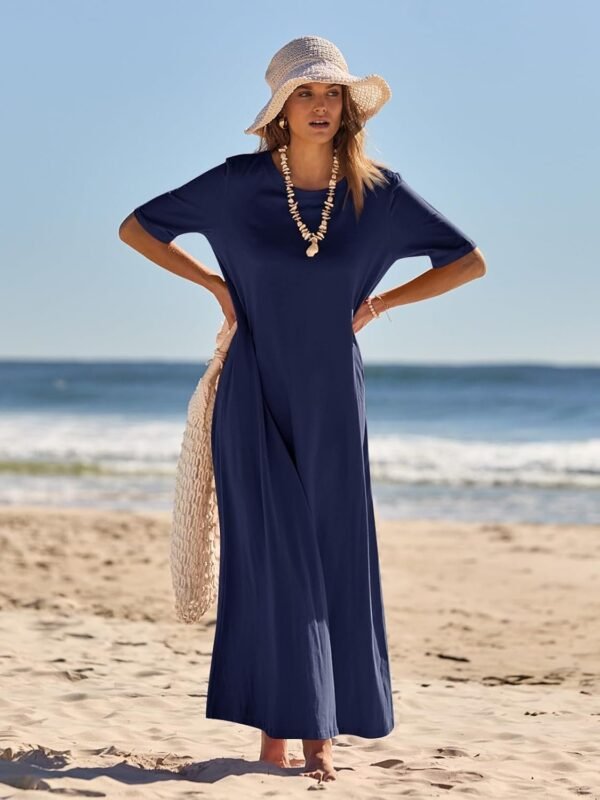 Connecteri  Women's 2024 Summer Short Sleeve Maxi Dress Casual Crewneck Swing A Line Long T Shirt Dress with Pockets