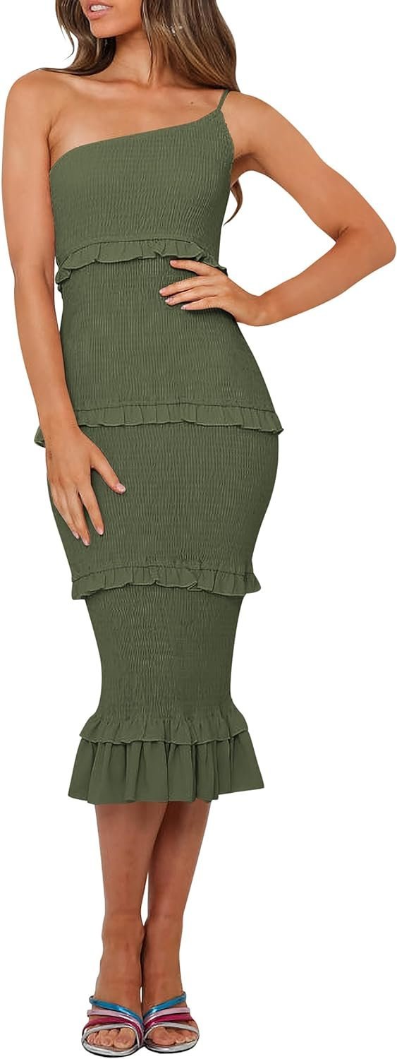 Connecteri  Womens Floral Summer One Shoulder Strappy Tiered Ruffle Midi Bodycon Dresses