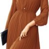 Connecteri  Work Dresses for Women 2023 Long Sleeves Chiffon Black Dress Retro Pleated Buttons Down Bow Tie Loose Causal Dresses