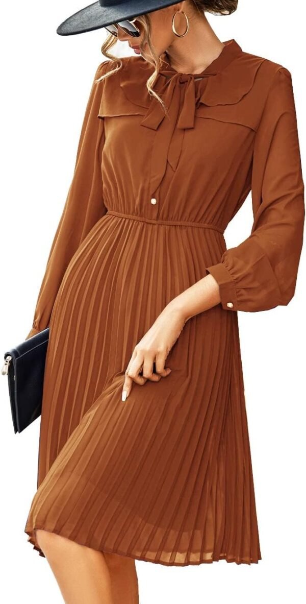 Connecteri  Work Dresses for Women 2023 Long Sleeves Chiffon Black Dress Retro Pleated Buttons Down Bow Tie Loose Causal Dresses