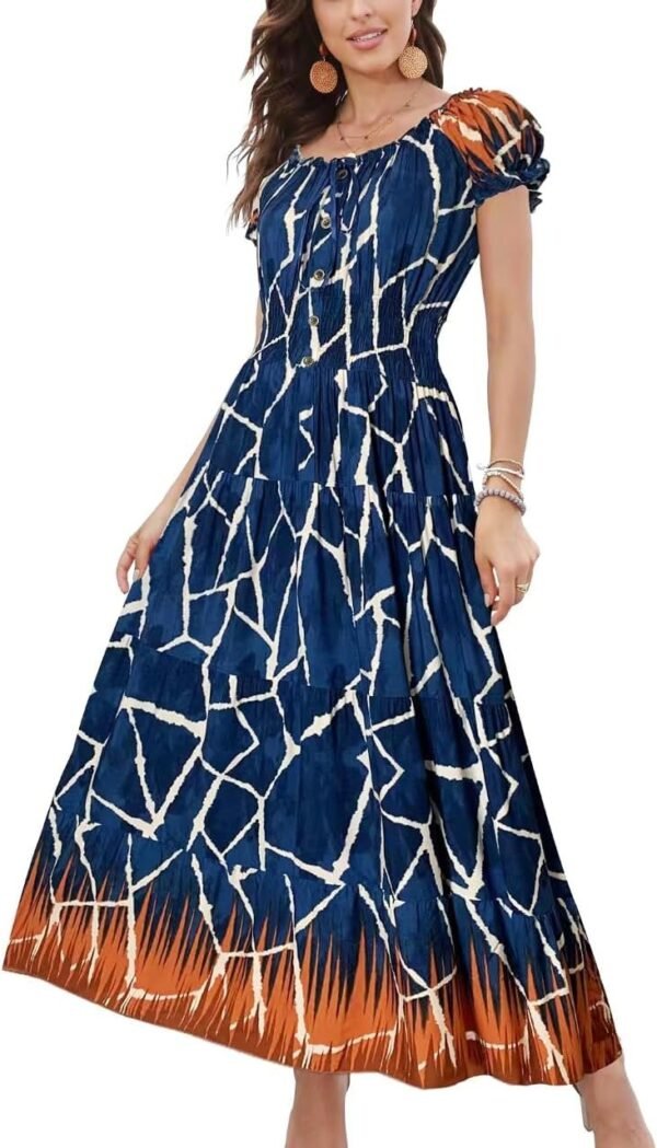Connecteri  Women's 2024 Summer Short Sleeves Boho Floral Print Tiered Casual Flowy Long Maxi Dress