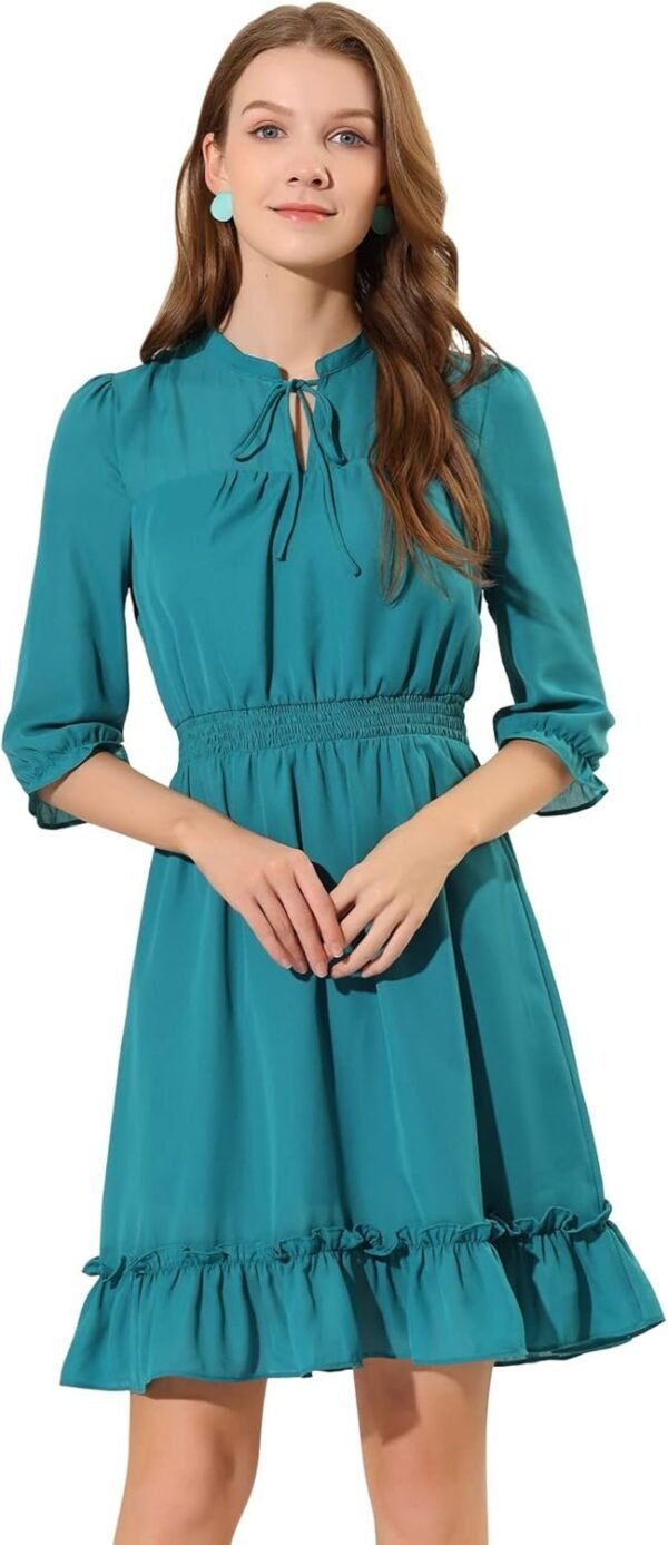Connecteri  K Women's Autumn Wedding Guest Dresses Ruffle Hem 3/4 Sleeve A-Line Smocked Short Chiffon Dress