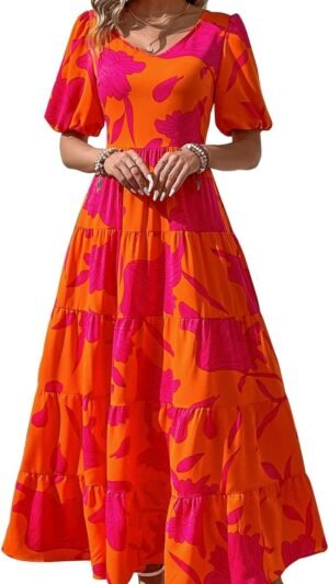 Connecteri  Womens Dresses 2024 Puff Sleeve Floral Casual Summer Dresses Smocked Backless Beach Flowy Tiered Maxi Dress