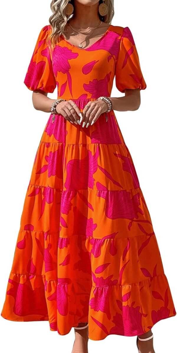 Connecteri  Womens Dresses 2024 Puff Sleeve Floral Casual Summer Dresses Smocked Backless Beach Flowy Tiered Maxi Dress