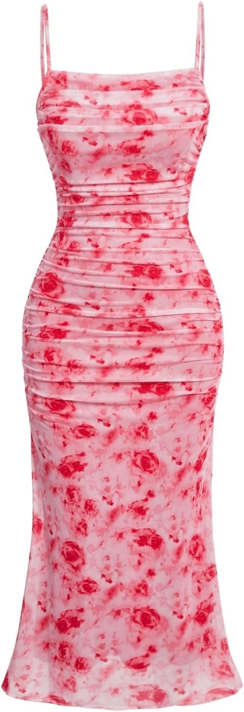 Connecteri  Women's Floral Ruched Bodycon Midi Dress Mesh Sleeveless Fishtail Cami Dresses