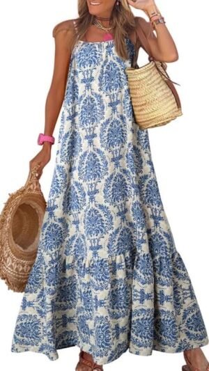 Connecteri  Women Summer Dresses 2024 Spaghetti Strap Scoop Neck Smocked Ruffle Flowy Boho Maxi Dress
