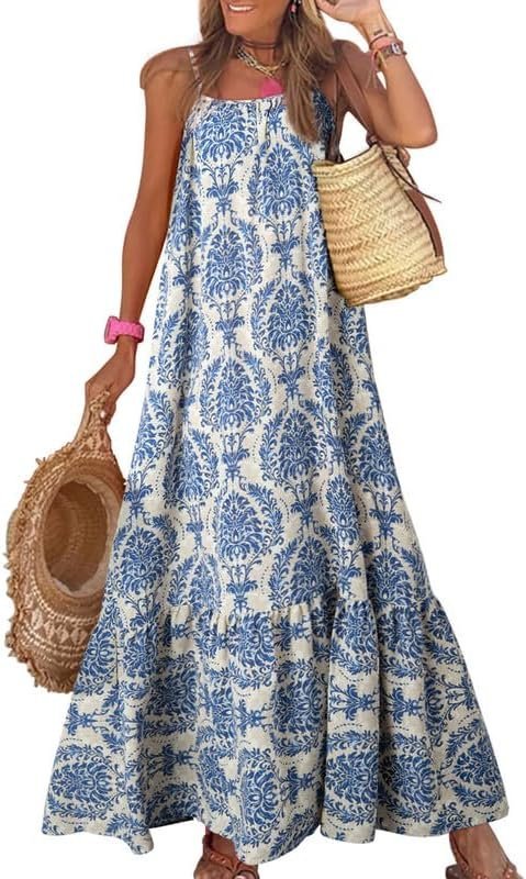 Connecteri  Women Summer Dresses 2024 Spaghetti Strap Scoop Neck Smocked Ruffle Flowy Boho Maxi Dress