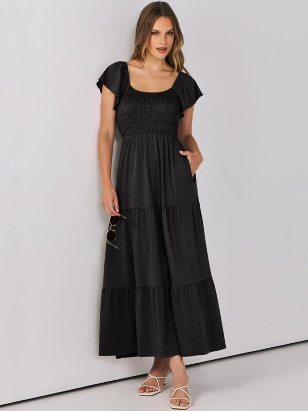 Connecteri  Women??s 2024 Summer Casual Maxi Dress Flutter Sleeve Scoop Neck Smocked Tiered A Line Flowy Beach Long Sun Dresses