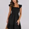 Connecteri  Womens Summer Casual Sleeveless Square Neck Smocked Ruffle Backless Boho Mini Dress 2024 Trendy Short Sundress