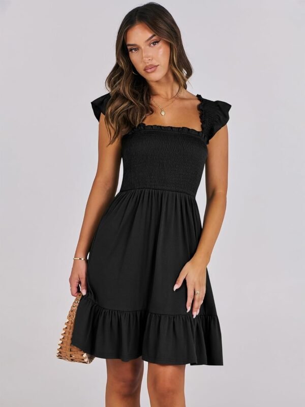 Connecteri  Womens Summer Casual Sleeveless Square Neck Smocked Ruffle Backless Boho Mini Dress 2024 Trendy Short Sundress