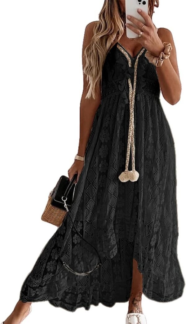 Connecteri  Women's Maxi Dress Lace Dresses Boho Tassel V-Neck Flare Ruffle Adjustable Straps Beach Summer Long Dress
