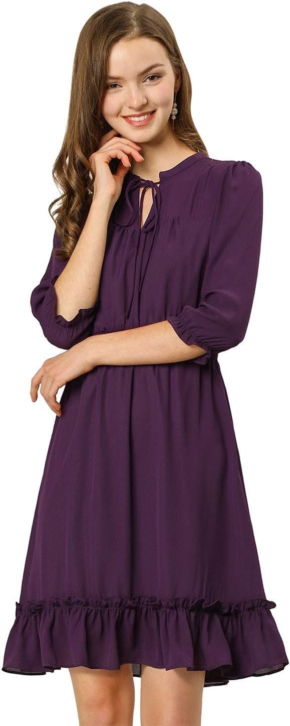 Connecteri  K Women's Autumn Wedding Guest Dresses Ruffle Hem 3/4 Sleeve A-Line Smocked Short Chiffon Dress