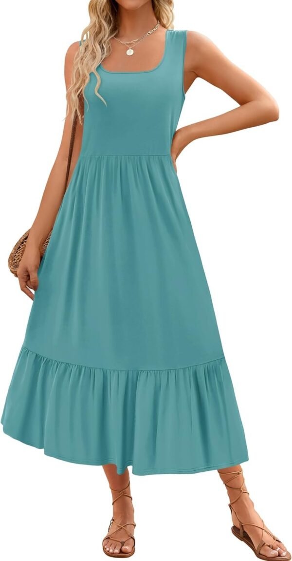 Connecteri Women's 2024 Summer Sleeveless Dress Square Neck Pleated Swing Casual Maxi Dresses with Pockets