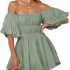 Connecteri  Womens Off The Shoulder Summer Dresses 2024 Short Lantern Sleeve Ruffle Elastic Waist A-Line Casual Mini Dress