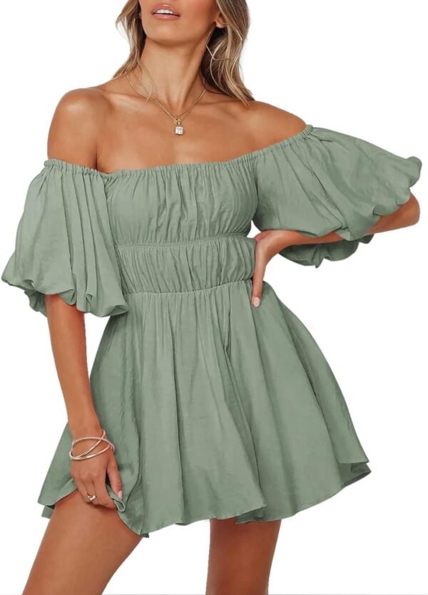 Connecteri  Womens Off The Shoulder Summer Dresses 2024 Short Lantern Sleeve Ruffle Elastic Waist A-Line Casual Mini Dress