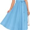 Connecteri Womens Summer Short Sleeve Midi Dresses Spring Casual Crew Neck Knit Belted Pleated A Line Flowy Wedding Guest Dress