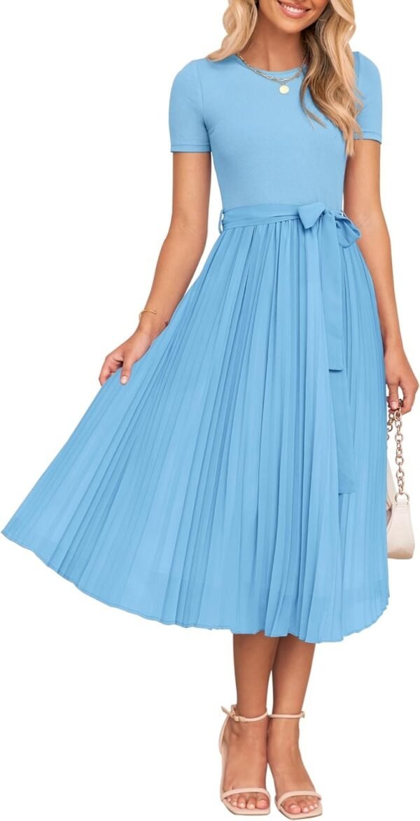 Connecteri Womens Summer Short Sleeve Midi Dresses Spring Casual Crew Neck Knit Belted Pleated A Line Flowy Wedding Guest Dress