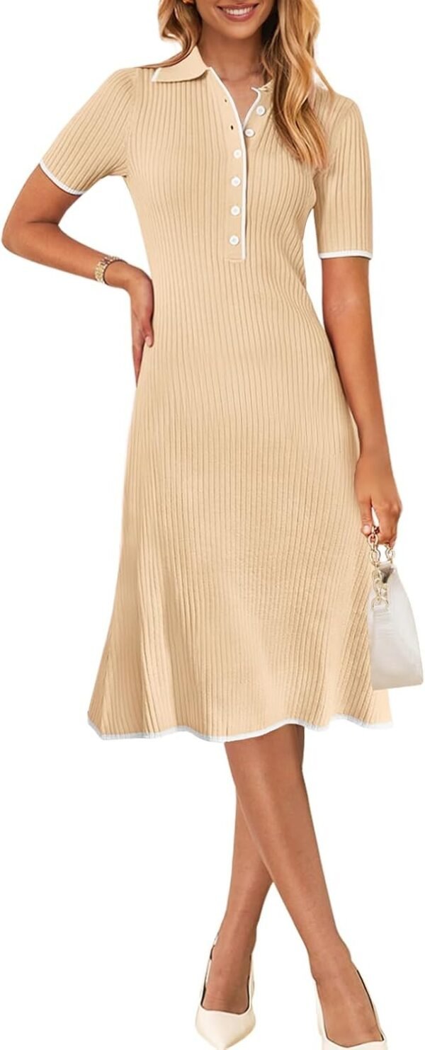 Connecteri  Women's V Neck Ribbed Knit Midi Dress Short Sleeve Button Elegant Bodycon Sweater Dresses