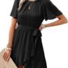 Connecteri  Womens Summer Dresses 2024 Crewneck Short Sleeve Waist Tie Ruffle Casual Chiffon A-Line Swing Mini Dress