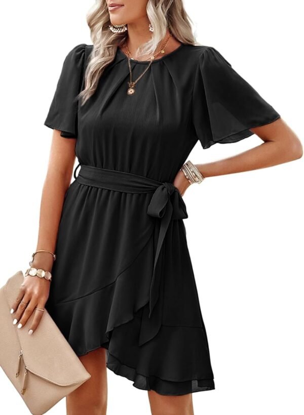 Connecteri  Womens Summer Dresses 2024 Crewneck Short Sleeve Waist Tie Ruffle Casual Chiffon A-Line Swing Mini Dress