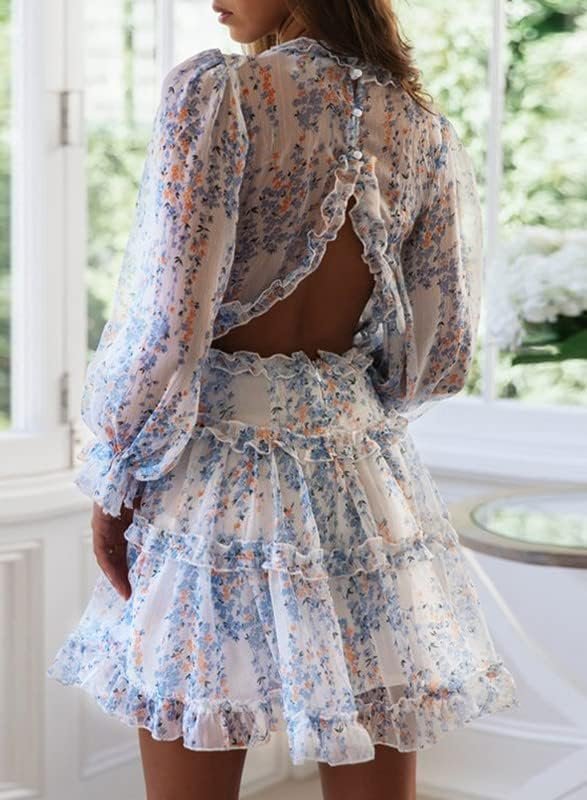 Connecteri  Womens 2024 Spring Summer Deep V Neck Ruffle Floral Flowy Mini Dress