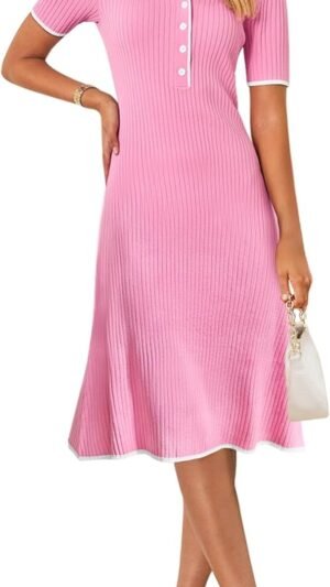 Connecteri  Women's V Neck Ribbed Knit Midi Dress Short Sleeve Button Elegant Bodycon Sweater Dresses