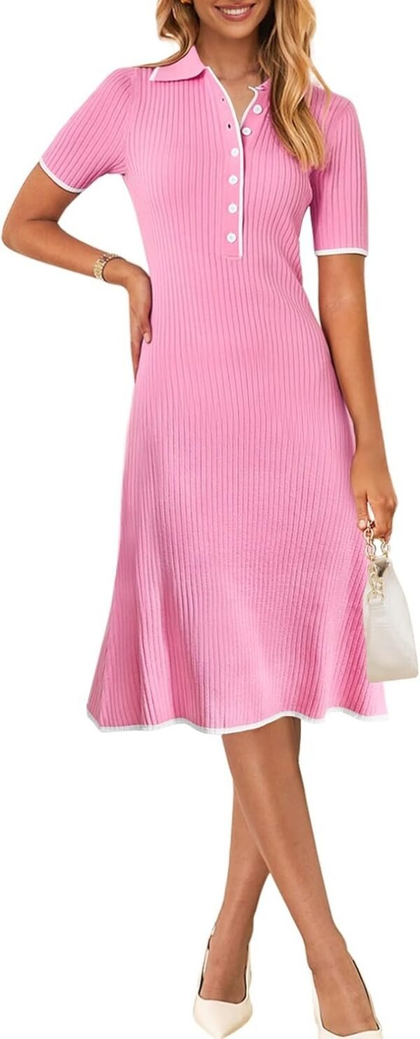 Connecteri  Women's V Neck Ribbed Knit Midi Dress Short Sleeve Button Elegant Bodycon Sweater Dresses