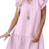 Connecteri  Womens Summer V-Neck Drawstring Ruffle Cap Short Sleeve Casual Shift Mini Dress with Pockets