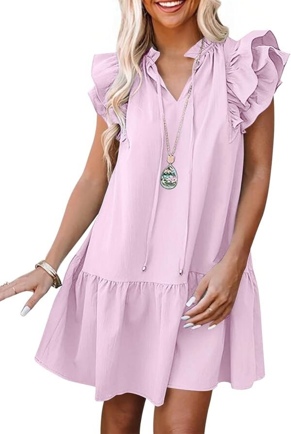 Connecteri  Womens Summer V-Neck Drawstring Ruffle Cap Short Sleeve Casual Shift Mini Dress with Pockets