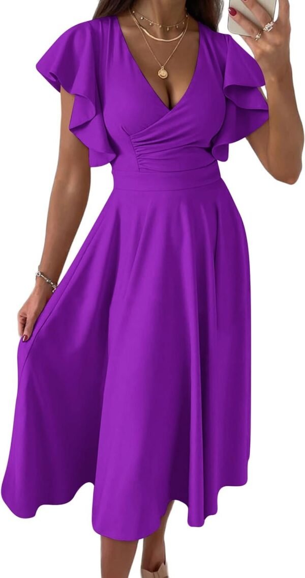 Connecteri?Womens 2024 Summer Midi Dress Ruffle Cap Sleeve V Neck Swing A Line Cocktail Party Dresses